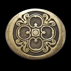 Vintage Solid Brass Belt Buckle 1978 Ornate Scrollwork Clover Design Made in USA